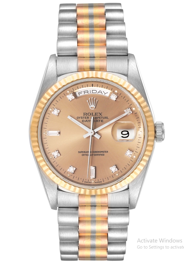 President Day-Date 36mm in White Gold with Yellow Gold Fluted Bezel on Tridor Gold President Bracelet with Bronze Diamond Dial