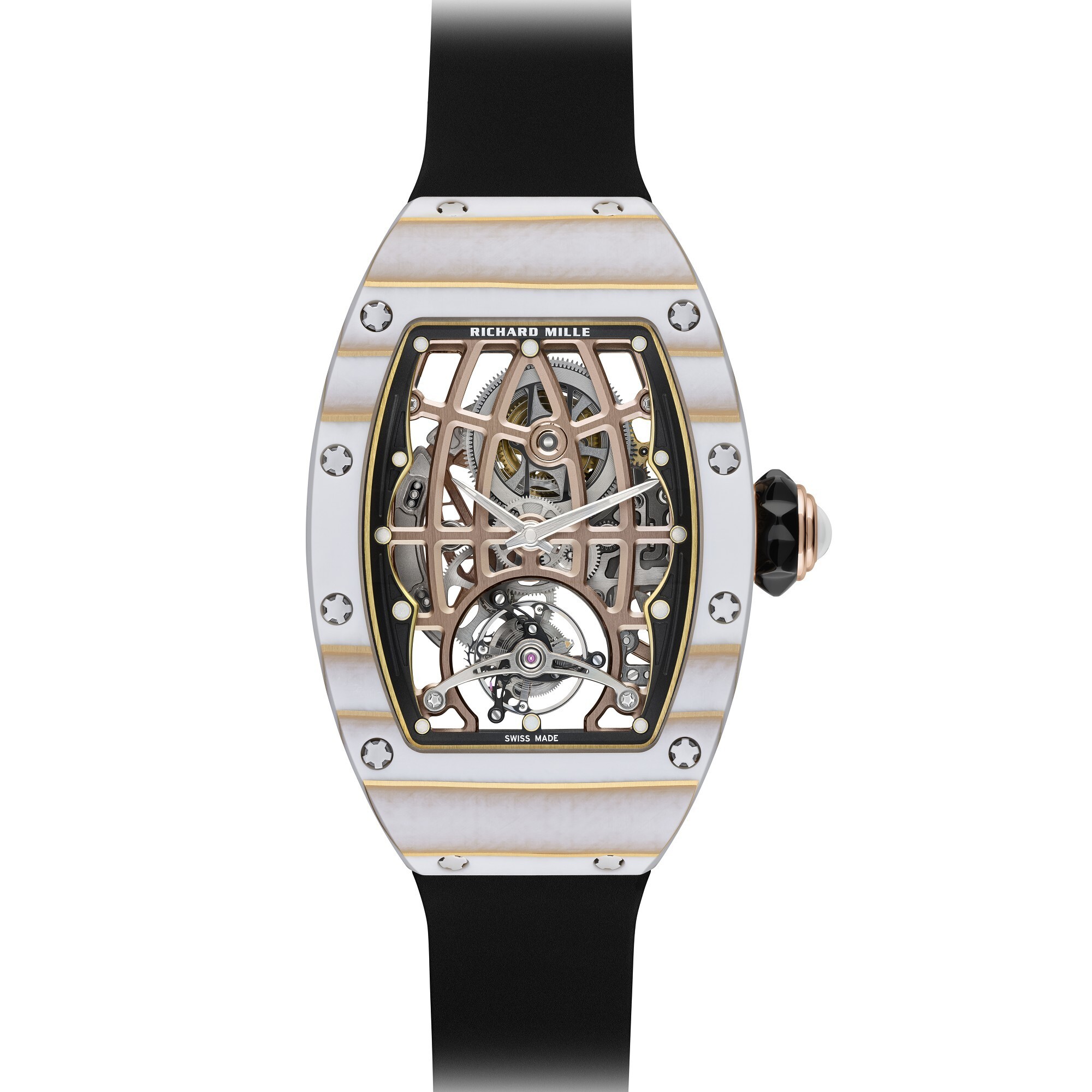 RM74-02 Tourbillon in Rose Gold Quartz TPT on White Fabric Strap with Skeleton Dial
