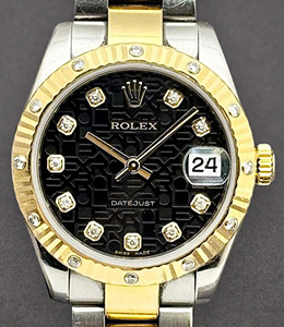 Datejust 31mm in Steel with Yellow Gold Fluted Diamond Bezel on Oyster Bracelet with Black Jubilee Diamond Dial
