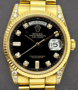 President 36mm Yellow Gold with Fluted Bezel Diamond on lugs on President Bracelet with Black Diamond Dial