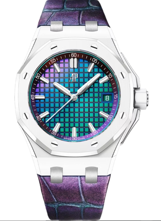 Royal Oak Offshore Automatic 37mm in White Ceramic - L.E. 200 Pcs on Purple Crocodile Leather Strap with Chameleon Dial