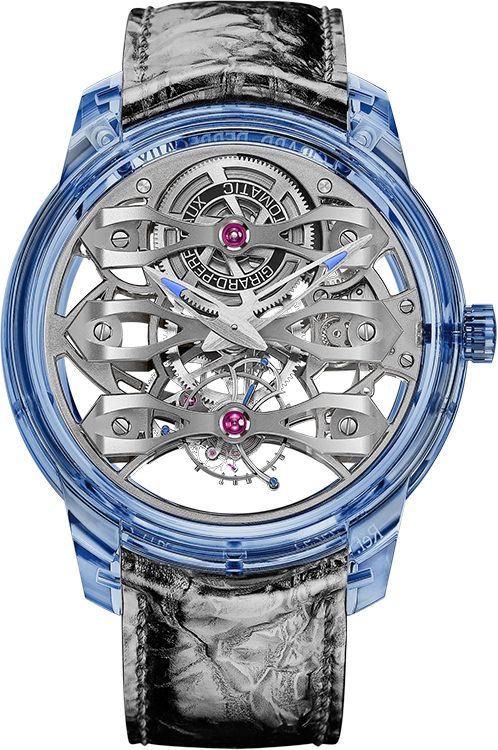 Quasar Azure Tourbillon with Three Bridges in Blue Sapphire on Black Crocodile with Metallic Effect Strap with Skeleton Dial - L.E 8 pcs