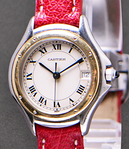 Cougar 28mm Quartz in Steel with Yellow Gold Bezel on Red Cartier Strap with Beige Dial