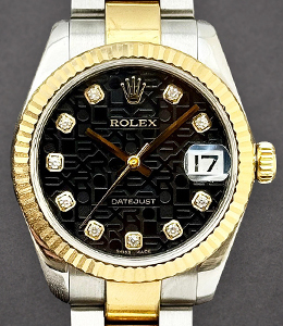 Datejust 31mm in Steel with Yellow Gold Fluted Bezel on Oyster Bracelet with Black Jubilee Diamond Dial