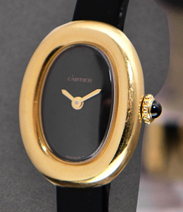 Baignoire Yellow Gold with Black Dial On Black Strap with Tang Buckle