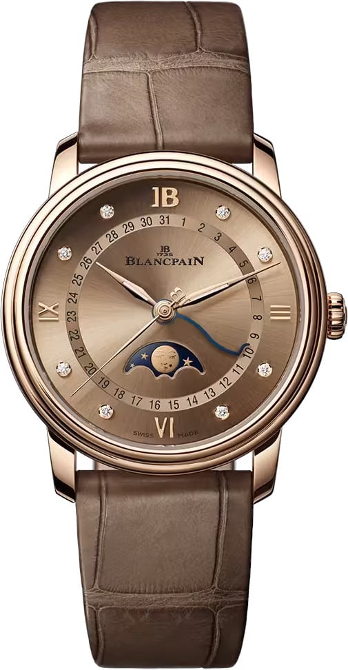 Villeret Quantieme Phases de Lune 33.2mm in Rose Gold on Brown Crocodile Leather Strap with Brown Diamond Dial