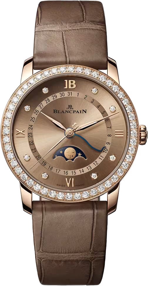 Villeret Quantieme Phases de Lune 33.2mm in Rose Gold with Diamond Bezel on Brown Crocodile Leather Strap with Brown Diamond Dial