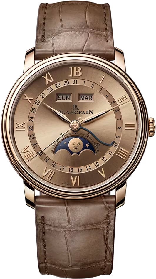Villeret Quantième Complet 40mm in Rose Gold on Brown Crocodile Leather Strap with Brown Dial