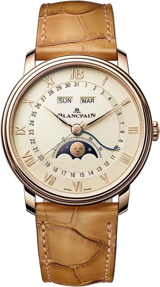 Villeret Quantième Complet 40mm in Rose Gold on Tan Crocodile Leather Strap with Silver Dial