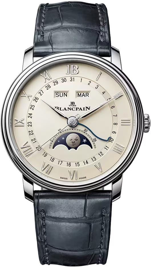 Villeret Moon Phase Complete Calendar 40mm Automatic in Steel on Blue Crocodile Leather Strap with Silver Dial