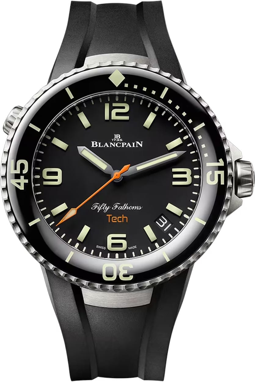 Fifty Fathoms Tech 45mm in Titanium with Black Bezel on Black Rubber Strap with Black Dial
