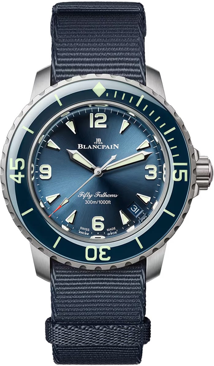 Fifty Fathoms Automatic 38mm in Titanium with Blue Bezel on Blue Nato Fabric Strap with Blue Dial