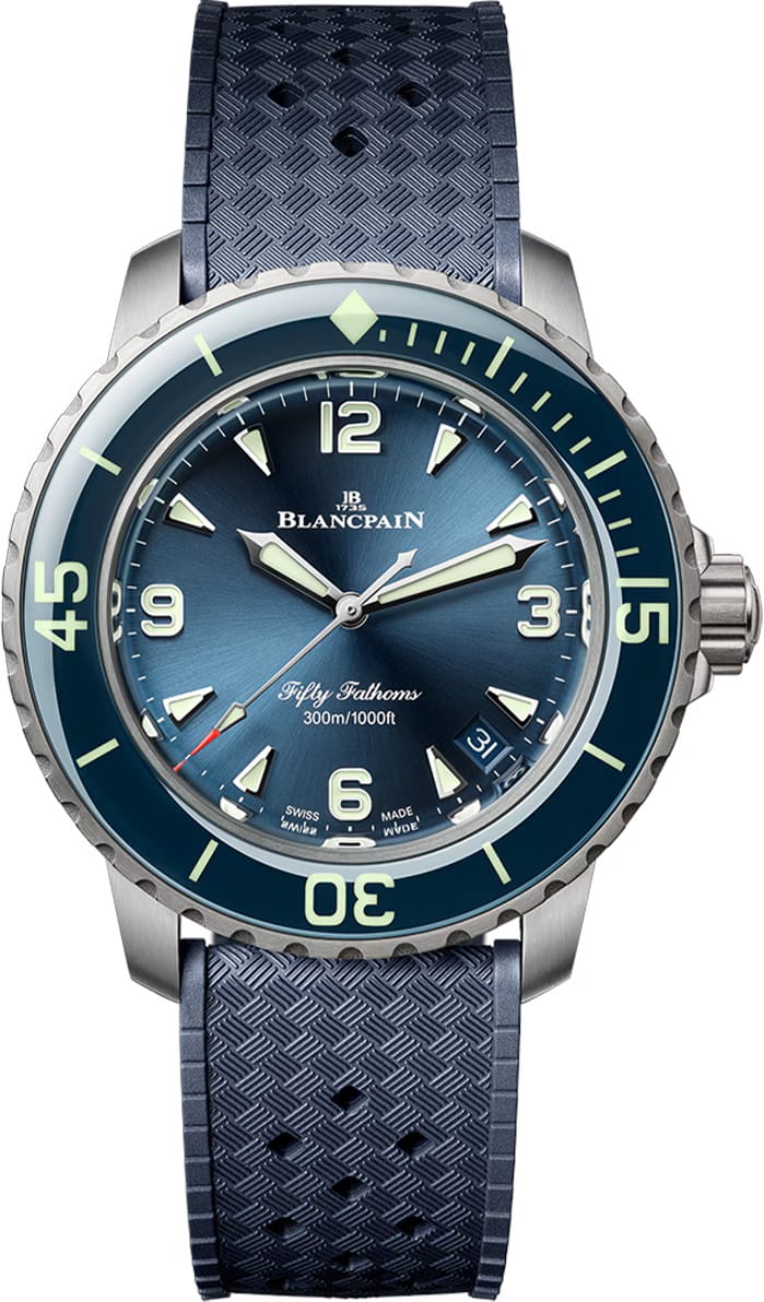Fifty Fathoms Automatic 38mm in Titanium with Blue Bezel on Blue Rubber Strap with Blue Dial