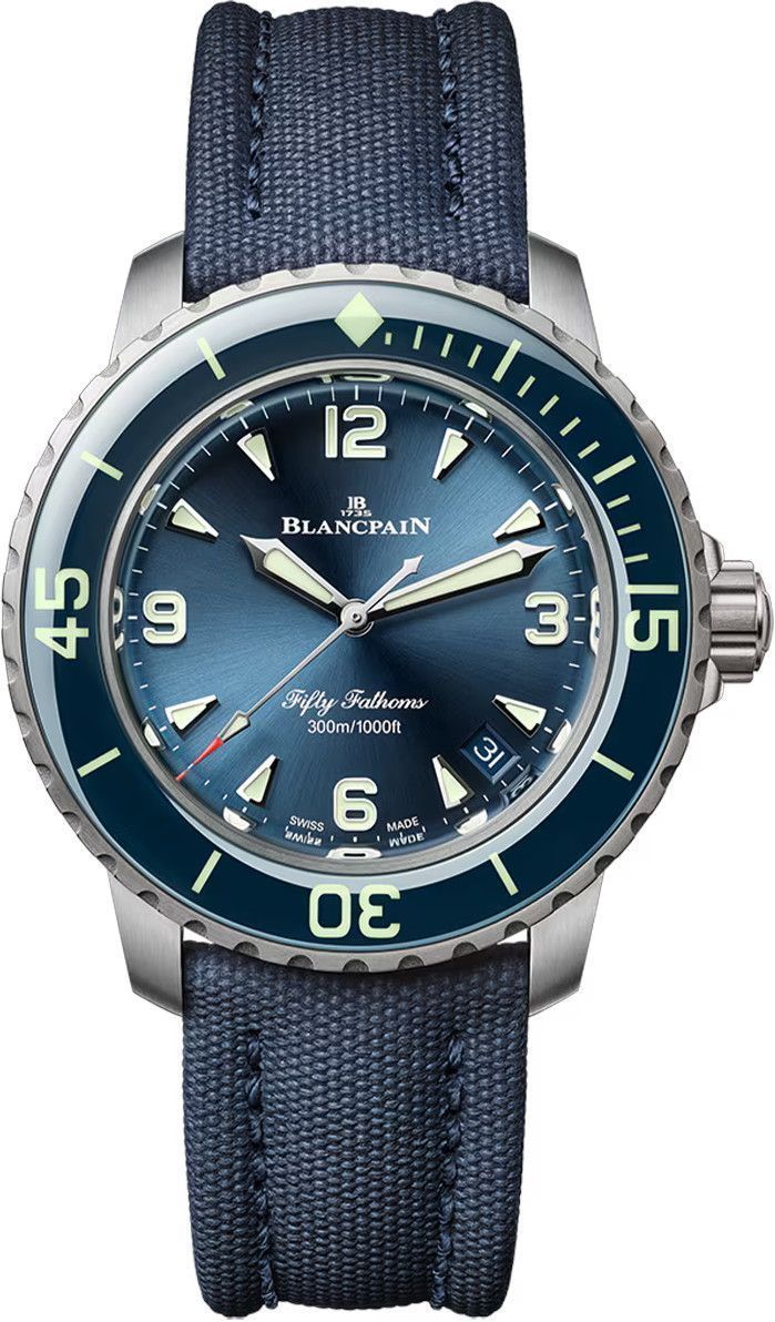 Fifty Fathoms Automatic 38mm in Titanium with Blue Bezel on Blue Canvas Strap with Blue Dial