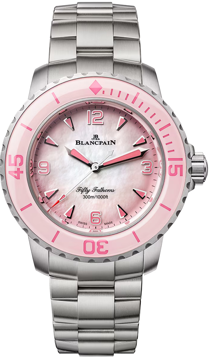 Fifty Fathoms Automatic 38mm in Titanium with Pink Bezel on Titanium Bracelet with MOP Dial