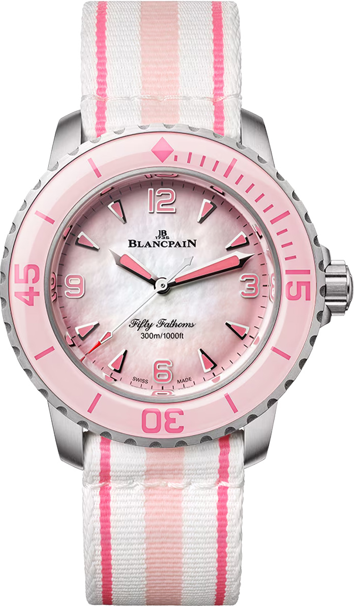 Fifty Fathoms Automatic 38.2mm in Titanium with Pink Bezel on White & Pink Nato Strap with MOP Dial