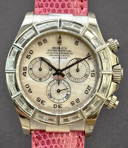 Daytona Special Edition in White Gold with Diamond Bezel on Pink Crocodile Leather Strap with MOP Arabic Dial