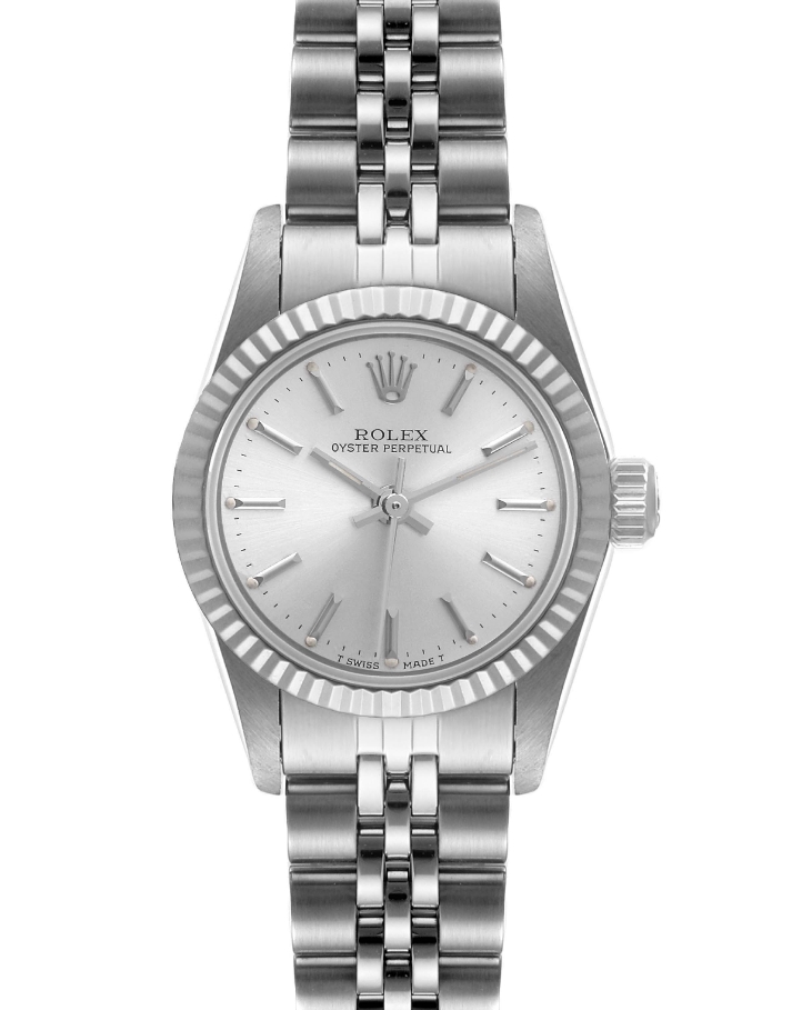 Oyster Perpetual No Date 26mm in Steel with Fluted Bezel on Steel Jubilee Bracelet with Silver Index Dial