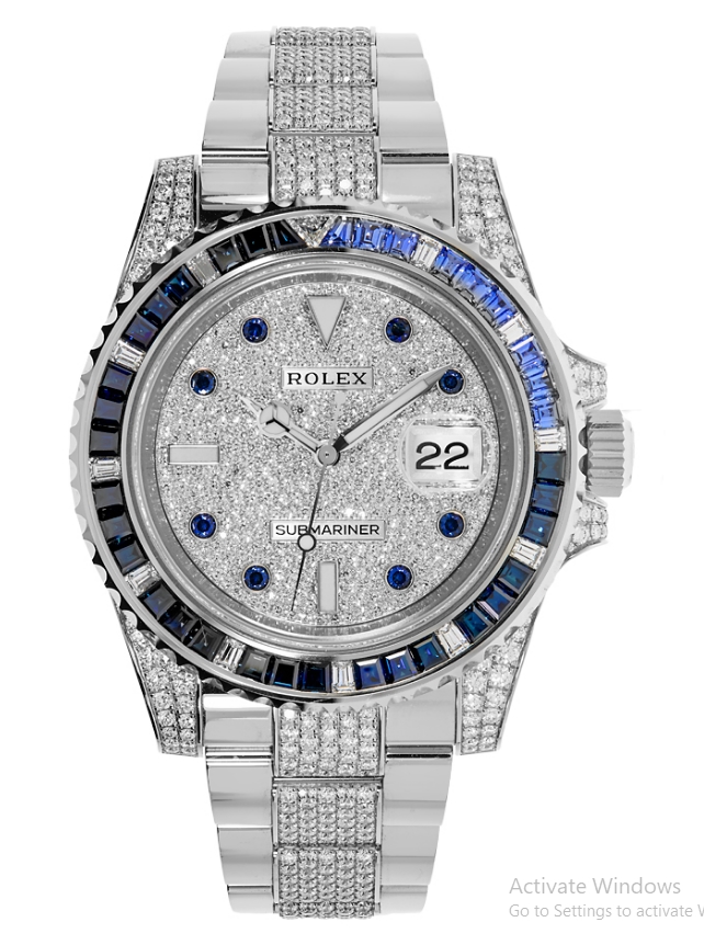 Submariner 40mm in White Gold with Blue Sapphire Bezel - Diamonds on Lugs on White Oyster Diamond Bracelet with Pave Diamond Dial