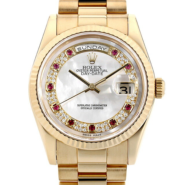 Day Date President 36mm in Yellow Gold with Fluted Bezel on President Bracelet with MOP Ruby Diamond Dial