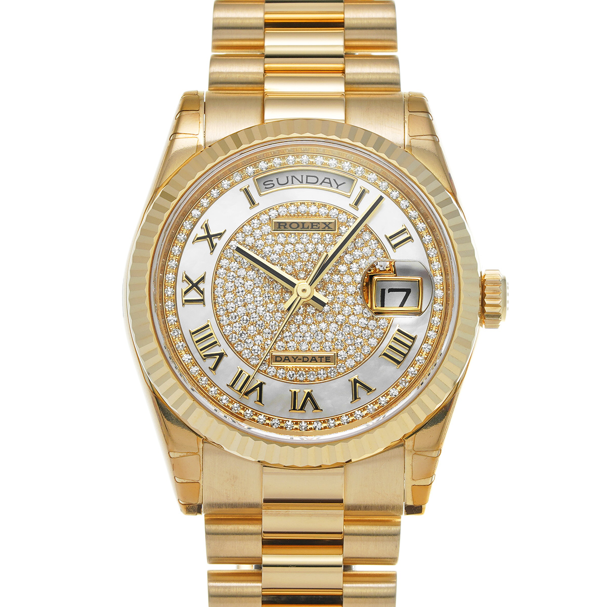 Day Date President 36mm in Yellow Gold with Fluted Bezel on President Bracelet with Pave Diamond Roman Dial