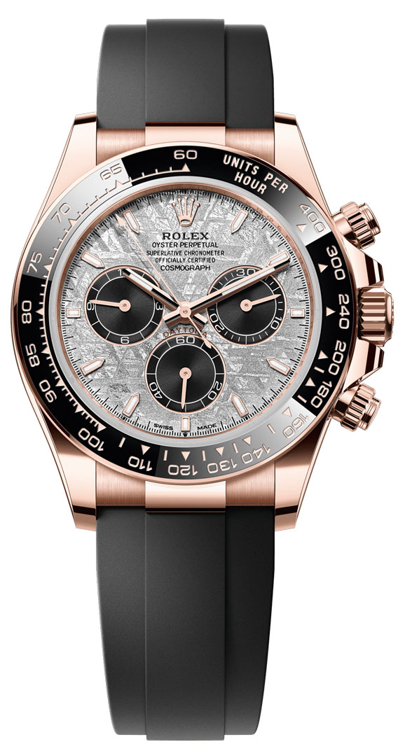 Daytona 40mm in Rose Gold with Black Ceramic Bezel on Strap with Meteorite Dial