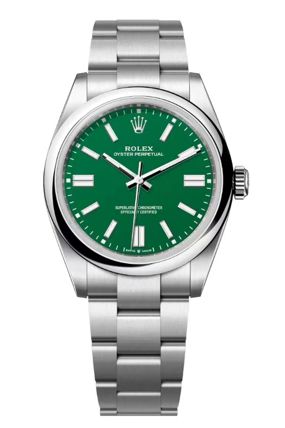 Oyster Perpetual 41mm in Steel with Domed Bezel on Oyster Bracelet with Green Stick Dial