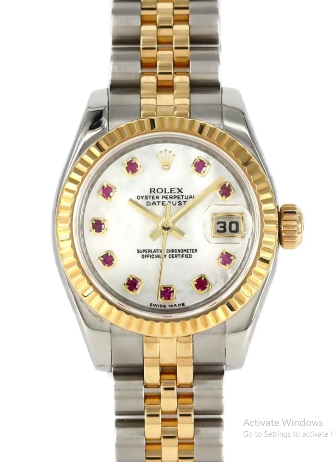Datejust Ladies 26mm in Steel with Yellow Gold Fluted Bezel on Jubilee Bracelet with MOP Ruby Diamond Dial