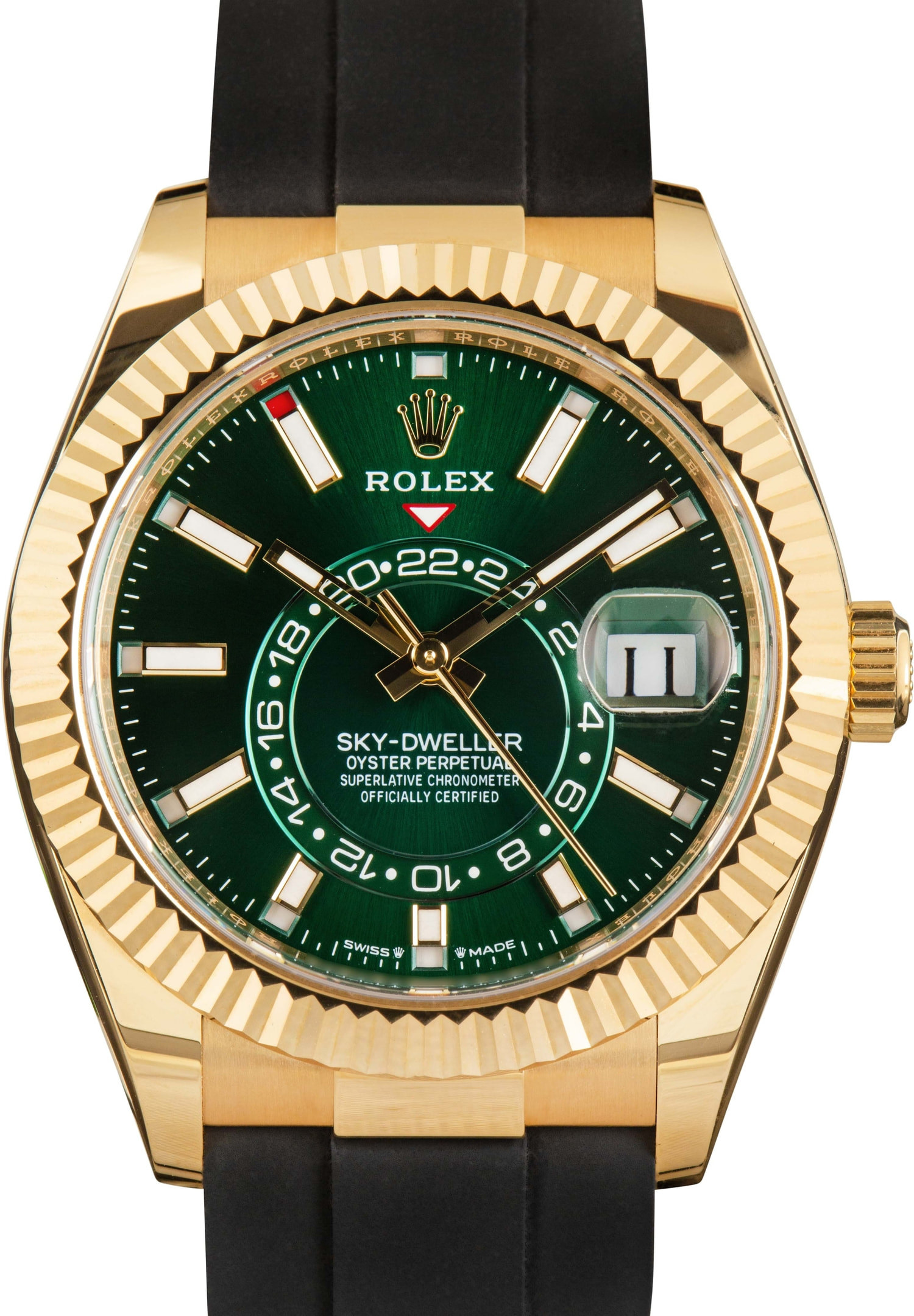 Sky Dweller 42mm in Yellow Gold with Fluted Bezel on Strap with Green Stick Dial