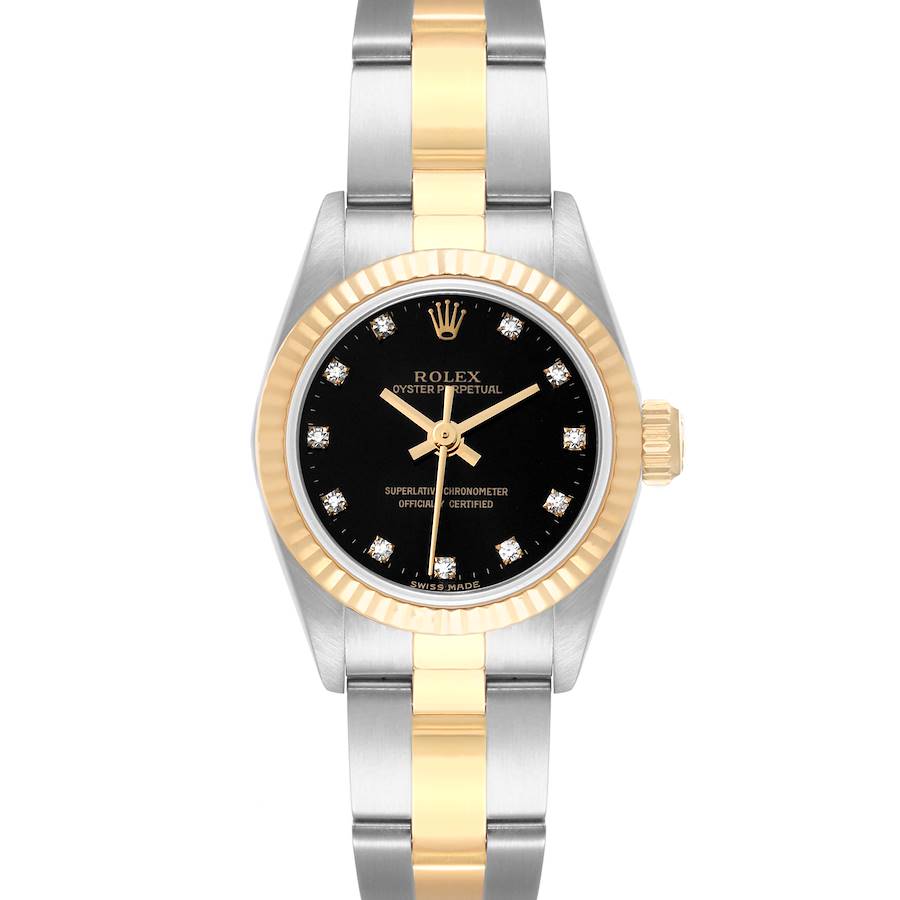 Oyster Perpetual No Date 26mm in Steel with Yellow Gold Fluted Bezel on Oyster Bracelet with Black Diamond Dial