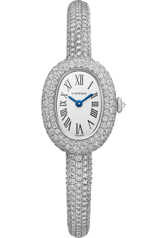 Baignoire Mini Model in White Gold with Pave Diamond Case on Pave Diamond Bracelet with Silver Dial
