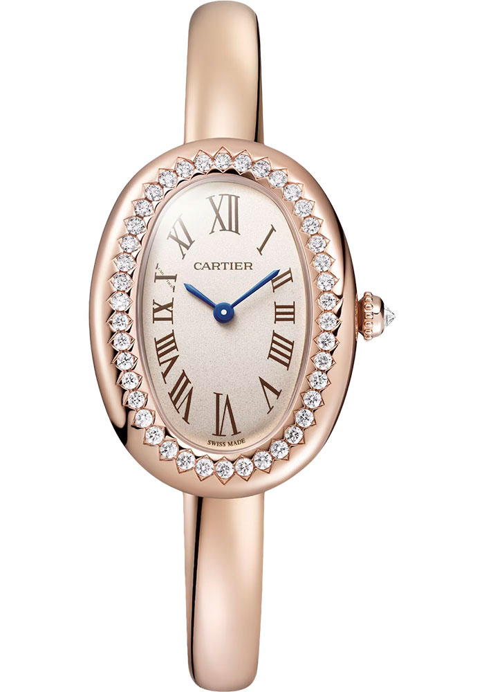 Baignoire Small Model in Rose Gold with Diamond Bezel on Rose Gold Bracelet with Silver Dial