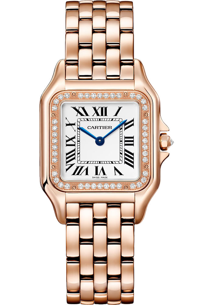 Panthere De Mid Size in Rose Gold with Diamond Bezel on Rose Gold Bracelet with Silver Diamond Dial