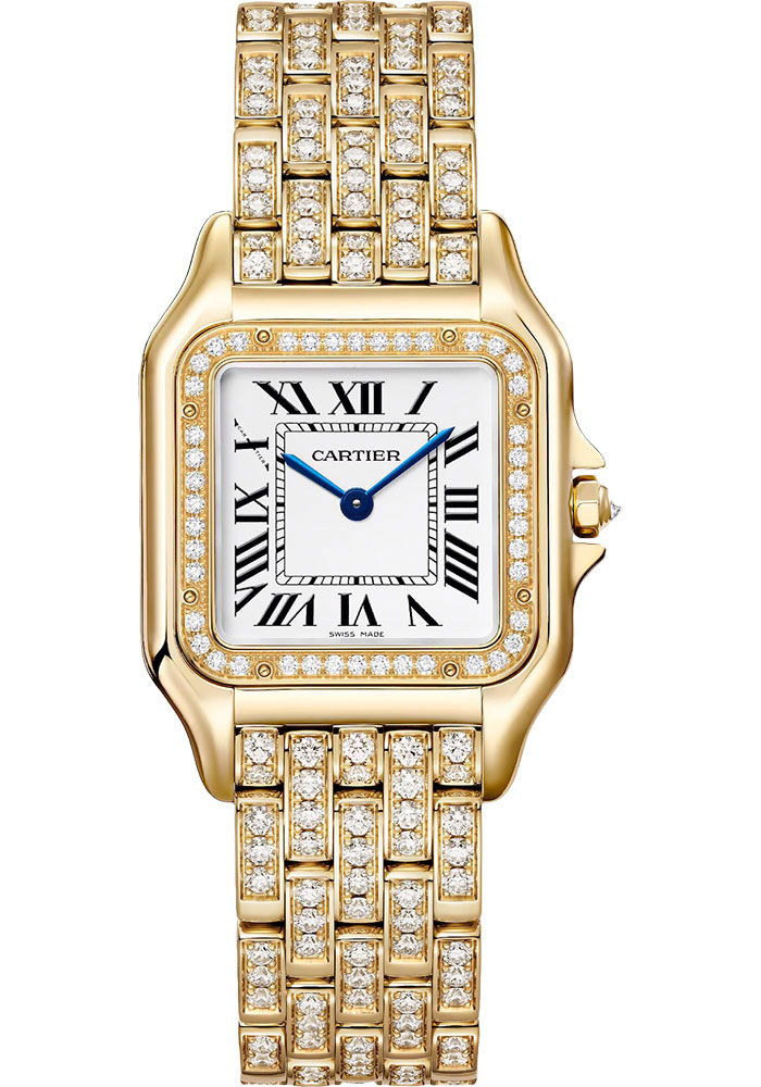 Panther Med Size in Yellow Gold with Diamond Bezel on Yellow Gold Pave Diamond Bracelet with Silver Dial