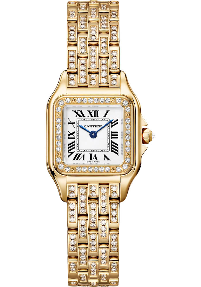 Panthere de Cartier in Yellow Gold with Diamond Bezel on Yellow Gold Pave Diamond Bracelet with Silver Dial