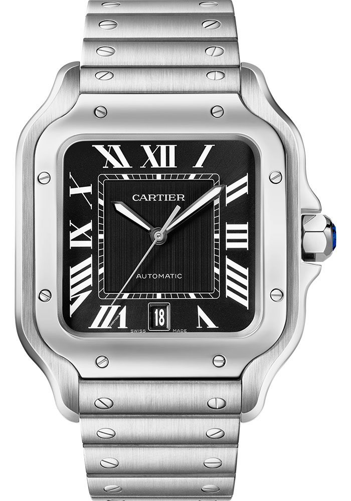 Santos De Cartier in Steel on Steel Bracelet with Black Dial