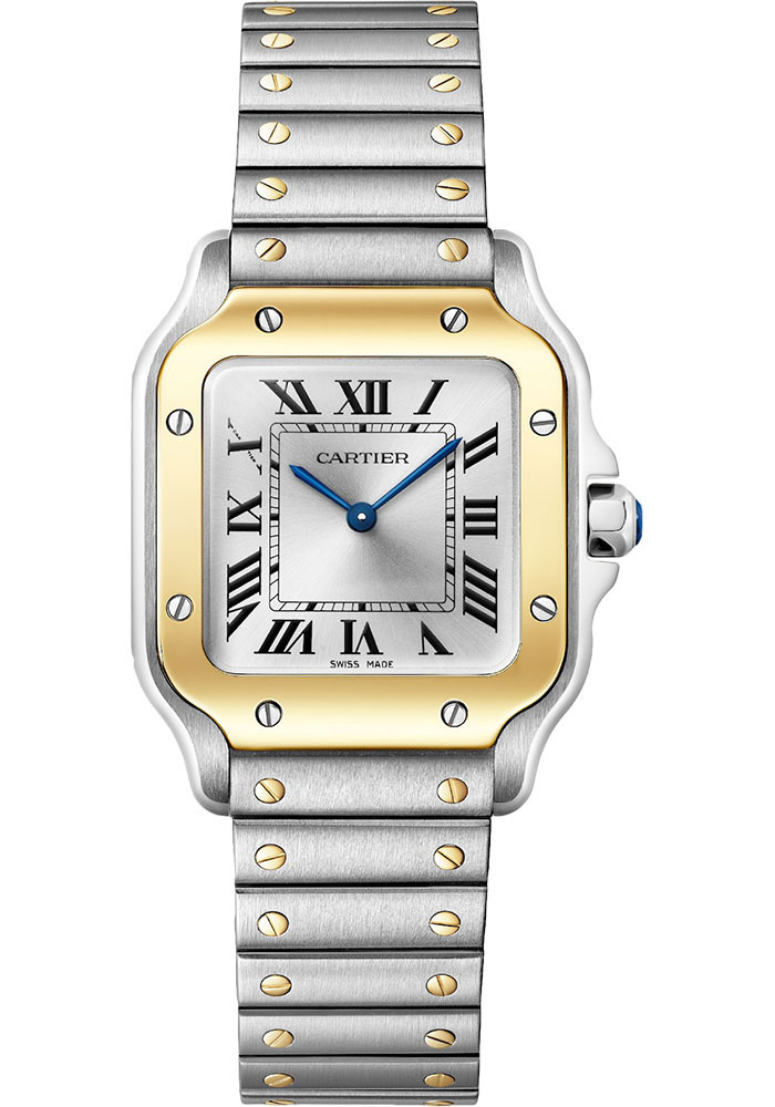 Santos De Cartier in Steel with Yellow Gold Bezel on Steel and Yellow Gold Bracelet with Silver Dial