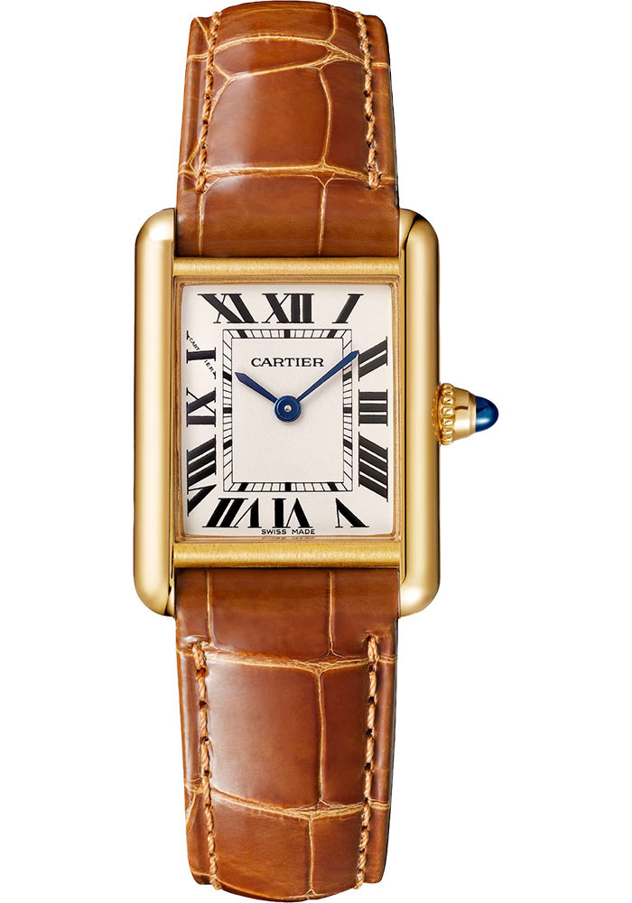 Tank Louis in Yellow Gold on Brown Alligator Leather Strap with Silver Dial
