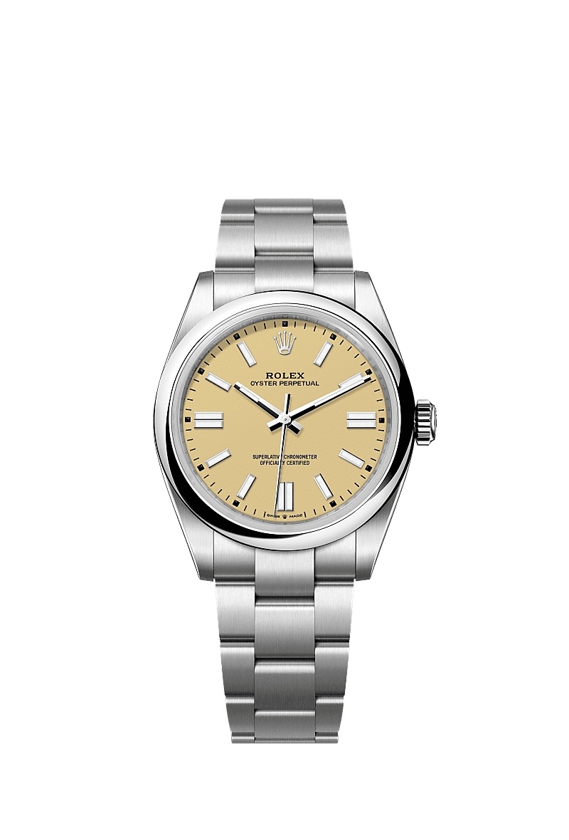 Oyster Perpetual 41mm in Steel with Domed Bezel on Oyster Bracelet with Beige Stick Dial