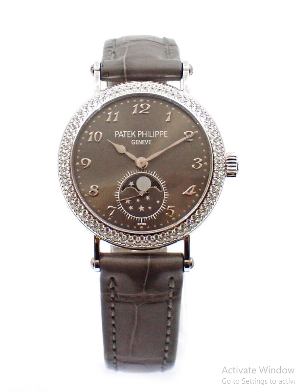 7121 Ladies Complicated Moon Phase in White Gold with Diamond Bezel on Grey Crocodile Leather Strap with Grey Sunburst Dial