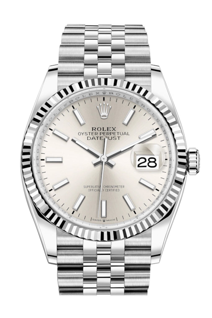 Datejust 36mm in Steel and White Gold Fluted Bezel on Jubilee Bracelet with Silver Stick Dial