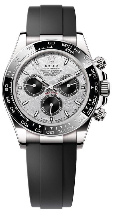 Daytona 40mm in White Gold with Ceramic Bezel on Black Rubber Strap with Meteorite Dial