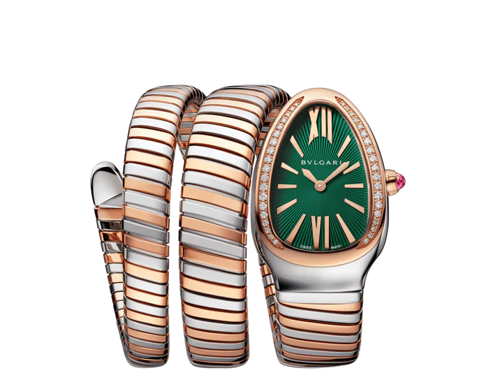 Serpenti Tubogas Double Spiral in Rose Gold and Steel with Diamond Bezel On Rose Gold and Steel Bracelet with Green Dial