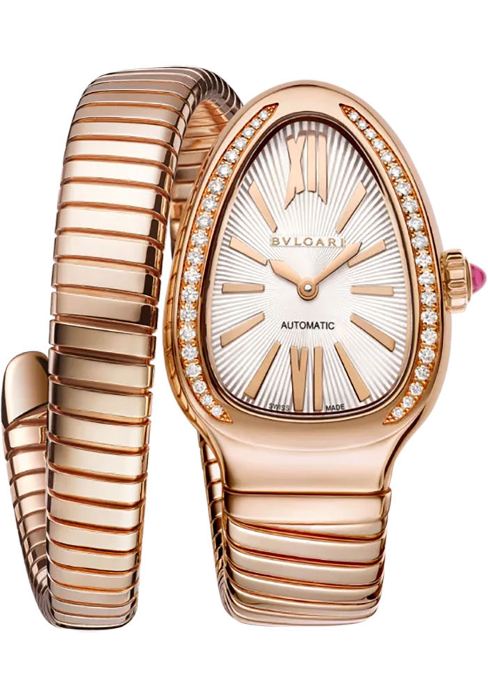 Serpenti Tubogas Single Spiral in Rose Gold Diamond Bezel On Rose Gold Bracelet with White Dial