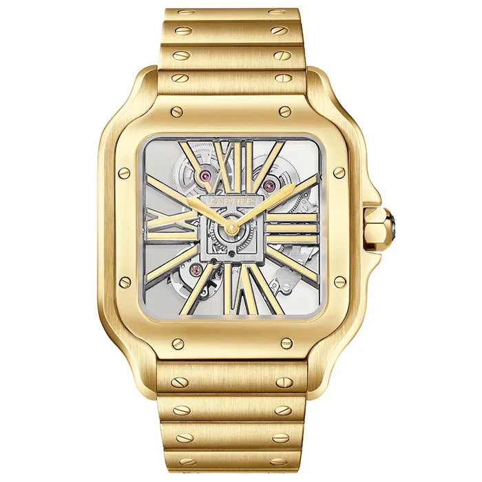 Santos de Cartier in Yellow Gold on Yellow Gold Bracelet with Skeleton Dial