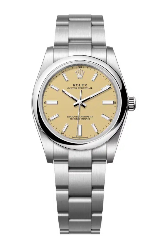Oyster Perpetual 34mm in Steel with Smooth Bezel on Oyster Bracelet with Beige Index Dial