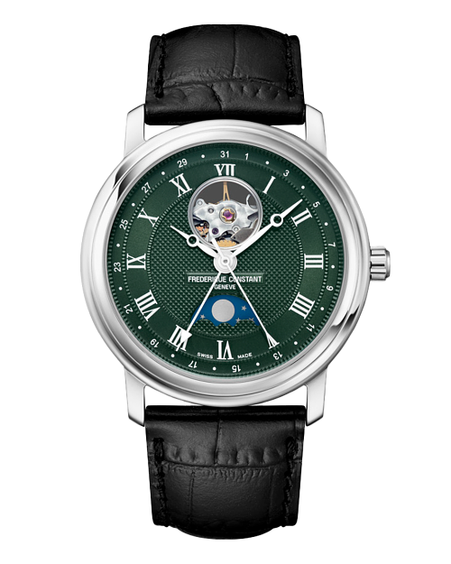 Classics Gents Heart Beat Moonphase Date 40mm in Steel on Blue Crocodile Leather Strap with Green Dial