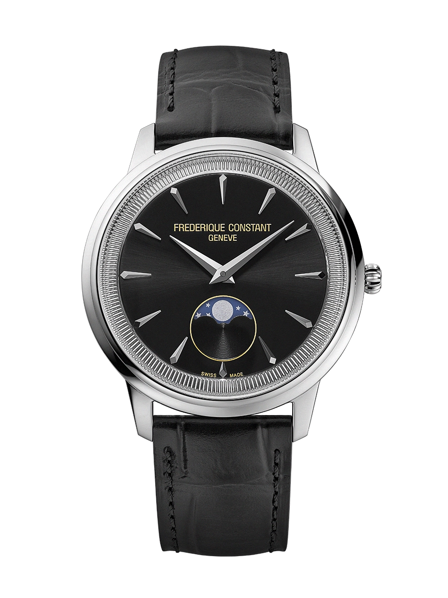 Classic Moneta Moonphase 40mm in Steel on Black Alligator Leather Strap with Black Dial