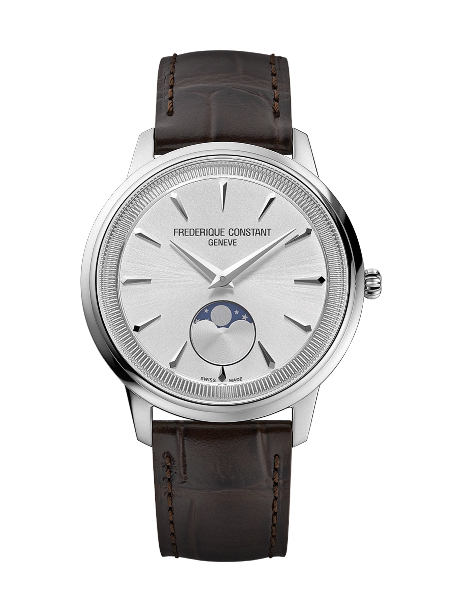 Classic Moneta Moonphase 40mm in Steel on Brown Alligator Leather Strap with Silver Dial