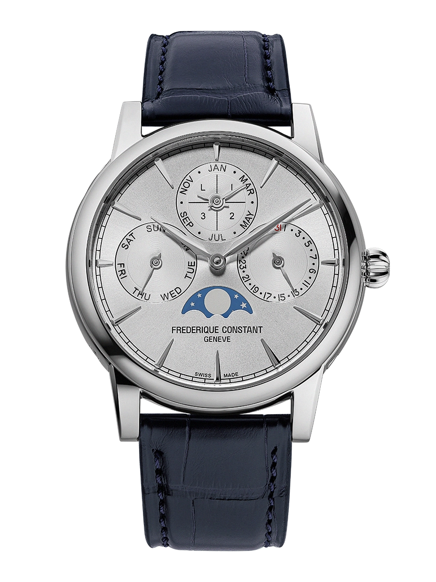 Classic Perpetual Calendar 40mm in Steel on Blue Alligator Leather Strap with Silver Dial